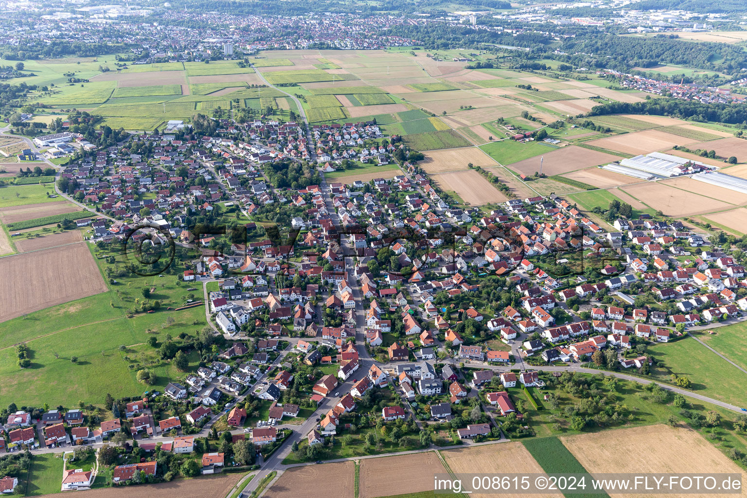 Village view on the edge of agricultural fields and land in Degerschlacht in the state Baden-Wuerttemberg, Germany