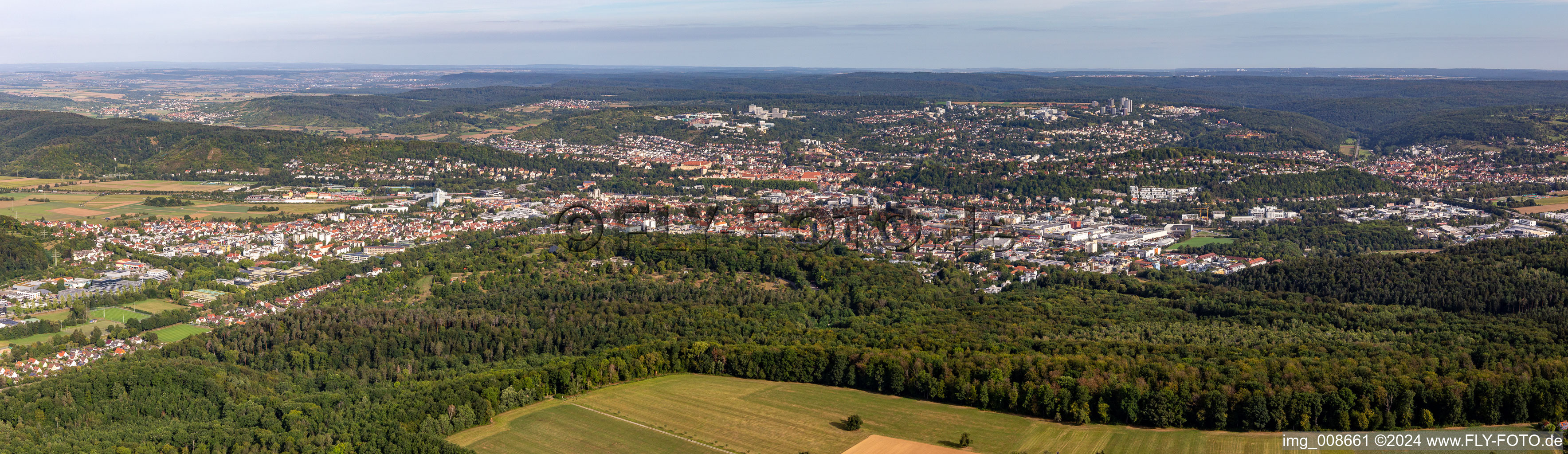 Panoramic perspective of the city area with outside districts and inner city area in Tuebingen in the state Baden-Wuerttemberg, Germany