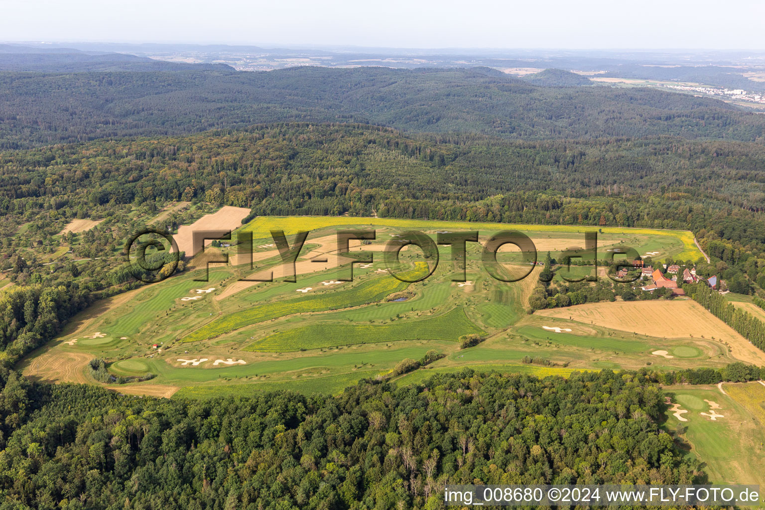 Grounds of the Golf course at Golfclub Schloss Kressbach in Kressbach in the state Baden-Wuerttemberg, Germany seen from above