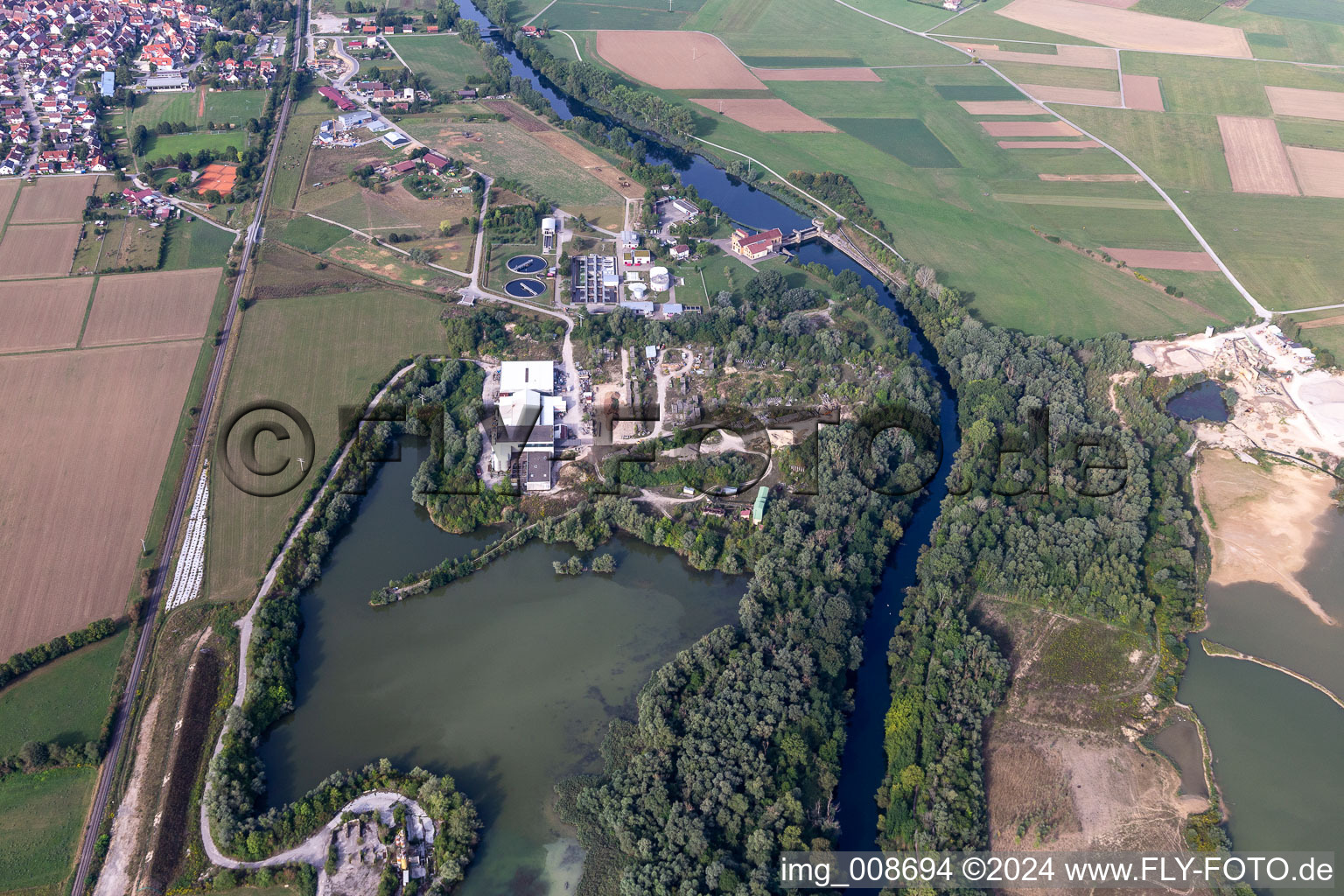 Aerial view of Kiebingen sewage treatment plant in Rottenburg am Neckar in the state Baden-Wuerttemberg, Germany