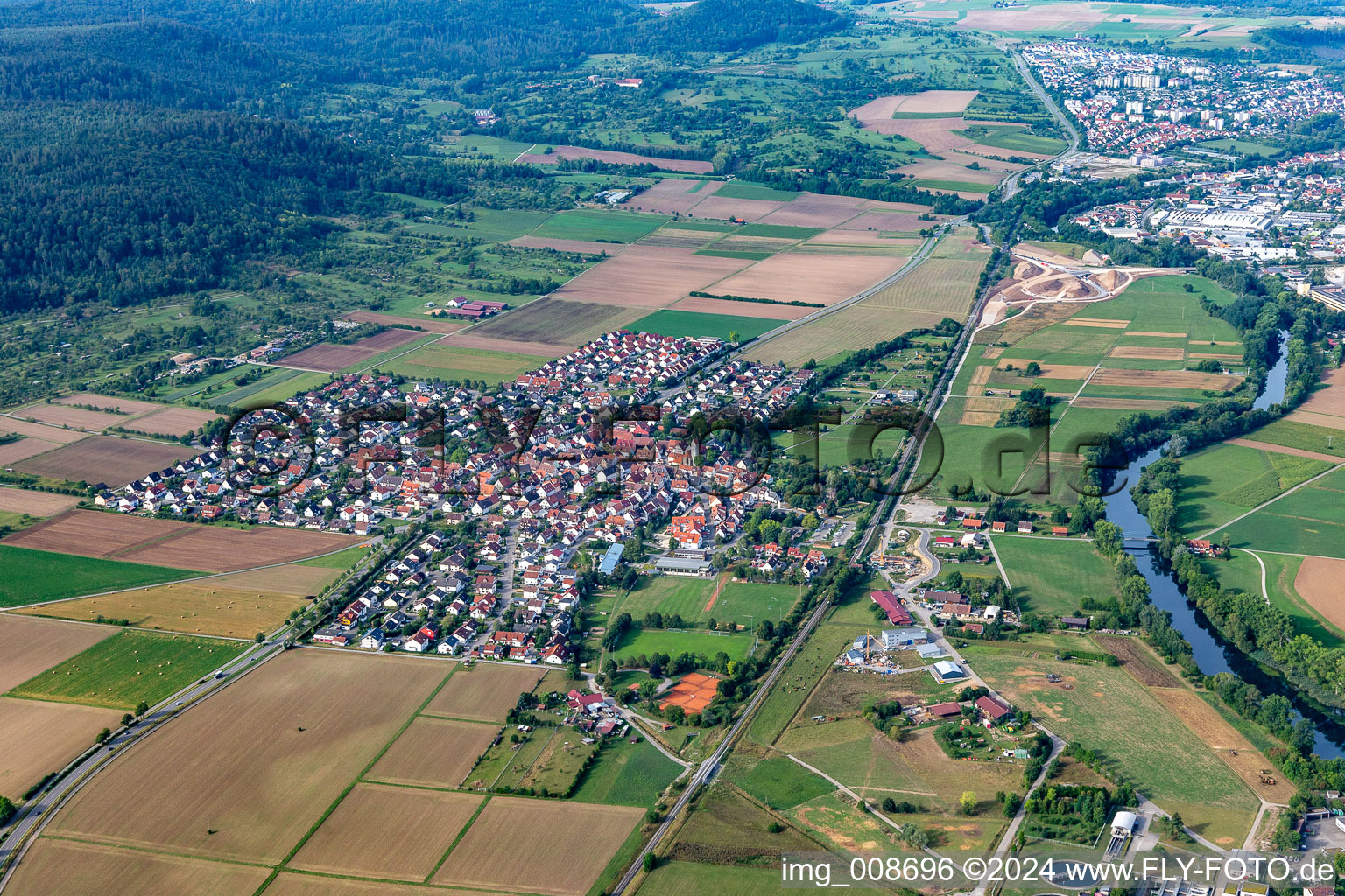 Village view on the edge of agricultural fields and land in Kiebingen in the state Baden-Wuerttemberg, Germany