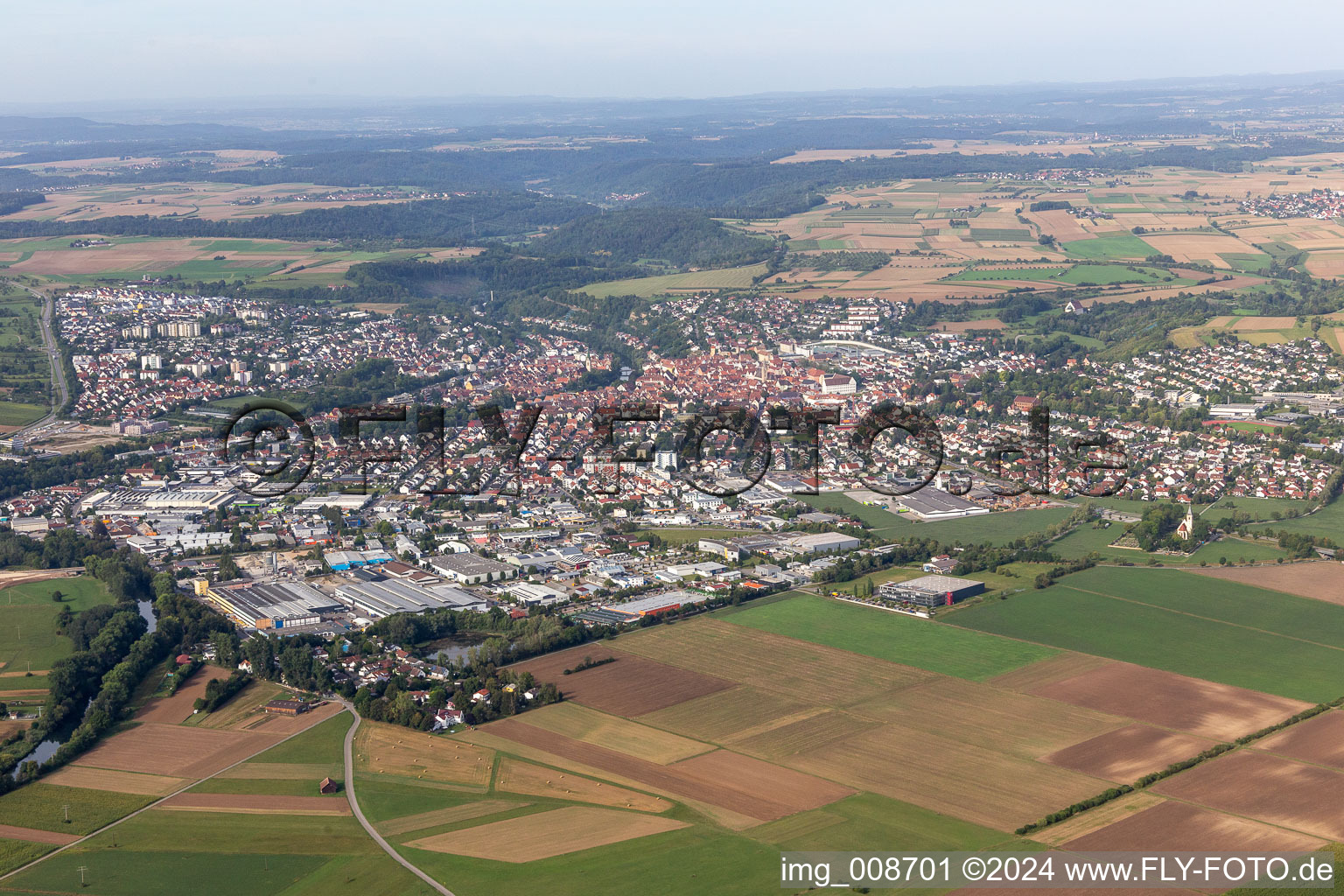 Aerial view of City area with outside districts and inner city area in Rottenburg am Neckar in the state Baden-Wuerttemberg, Germany