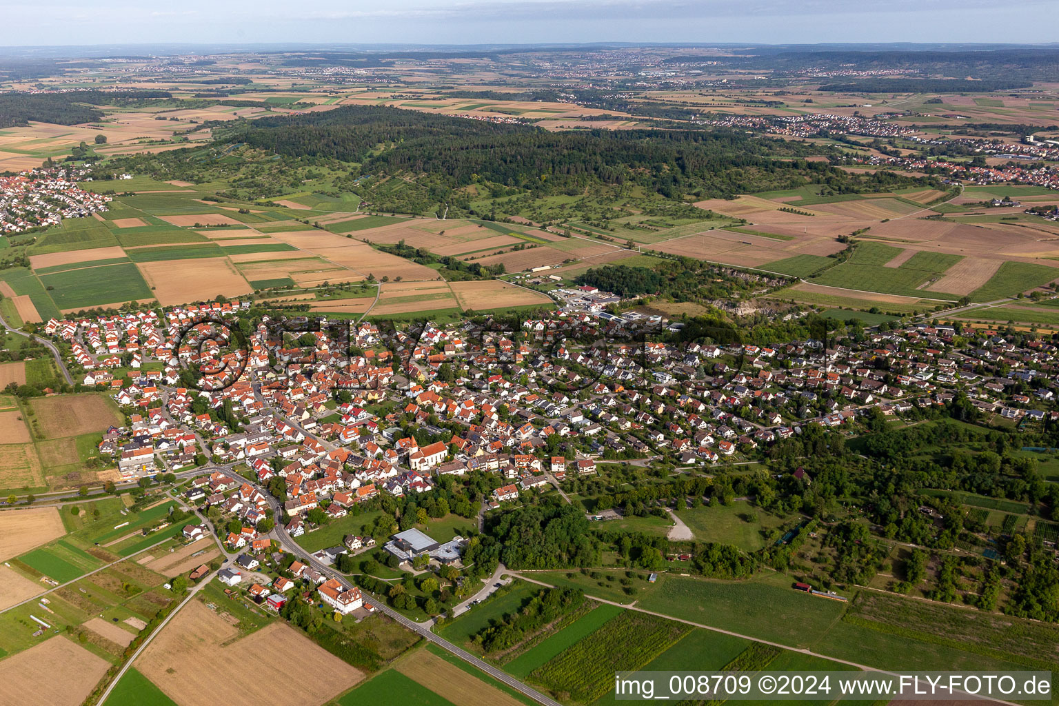 Village view on the edge of agricultural fields and land in Hirschau in the state Baden-Wuerttemberg, Germany