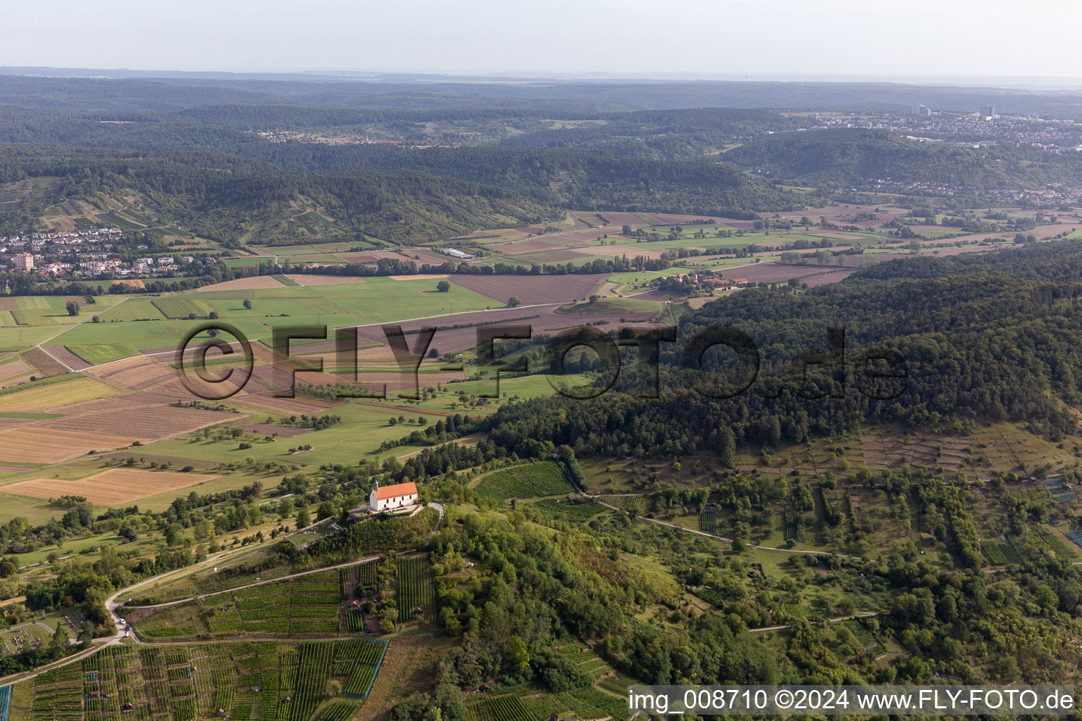 Aerial view of Wurmlinger Saint Remigius Chapel in the district Wurmlingen in Rottenburg am Neckar in the state Baden-Wuerttemberg, Germany