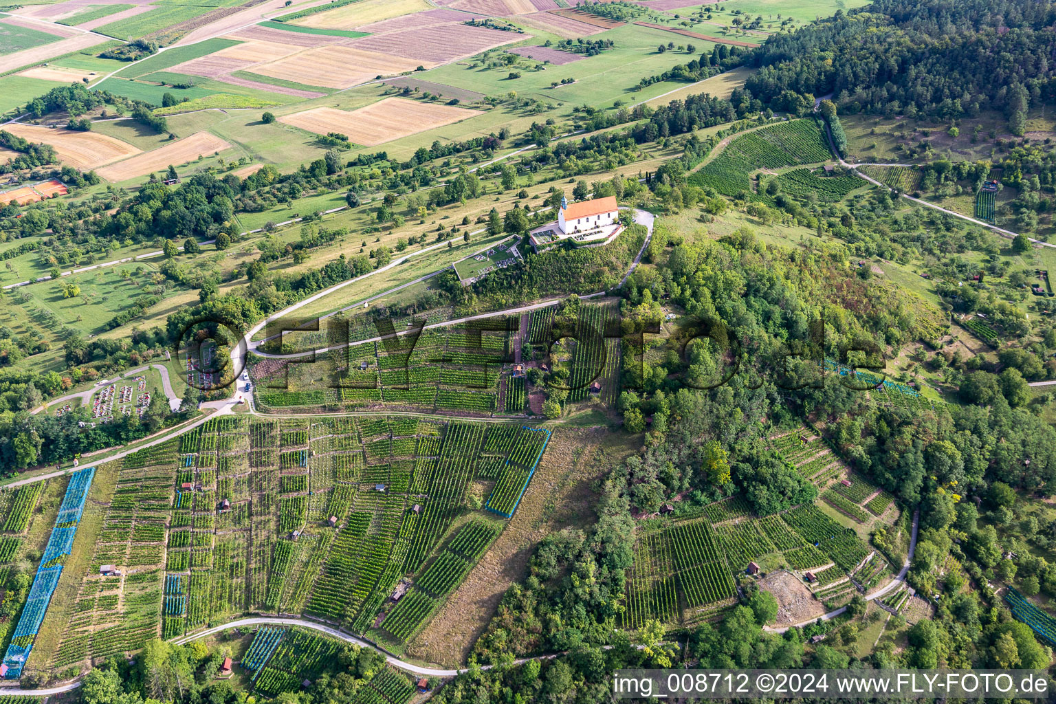 Aerial photograpy of Wurmlinger Saint Remigius Chapel in the district Wurmlingen in Rottenburg am Neckar in the state Baden-Wuerttemberg, Germany