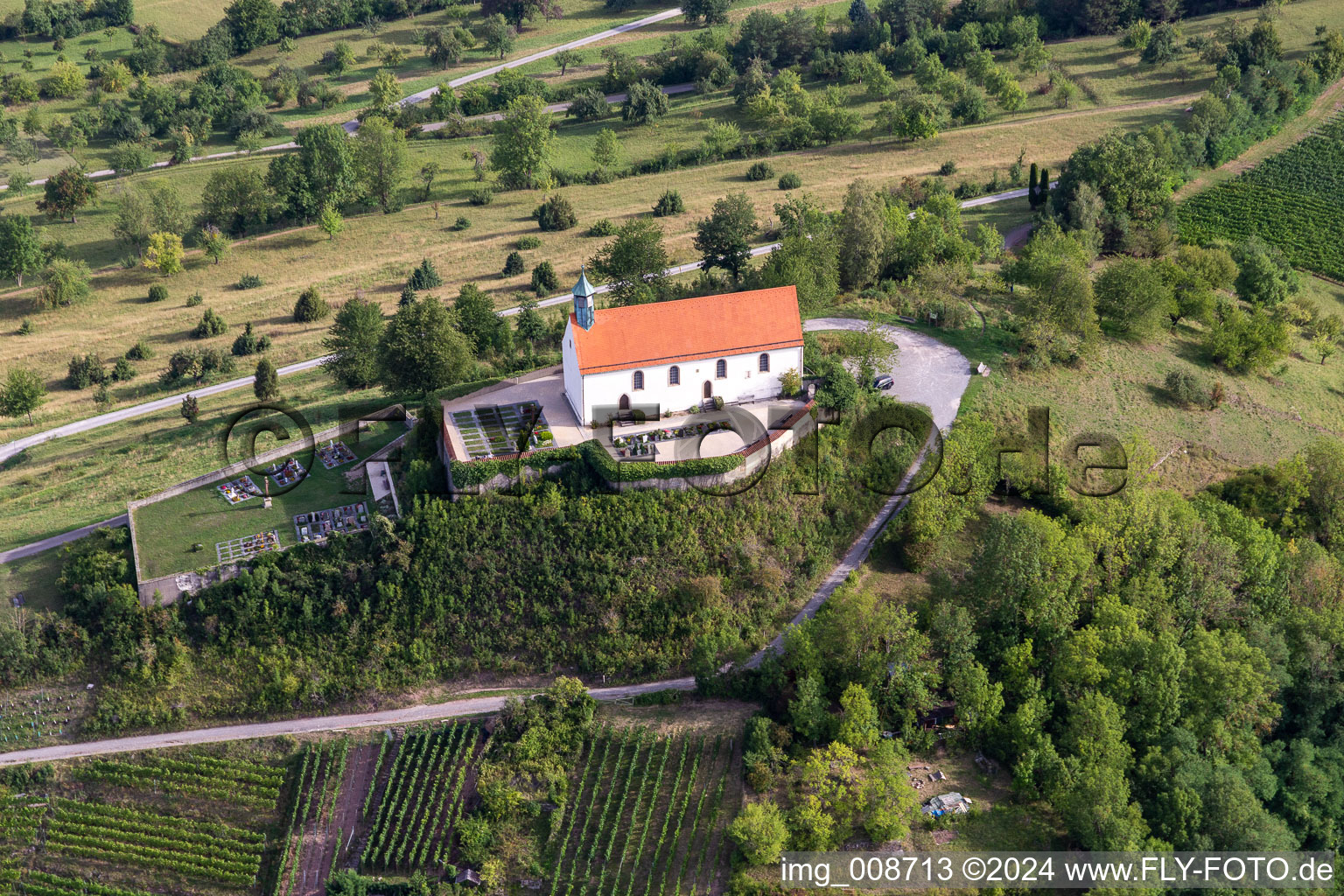 Oblique view of Wurmlinger Saint Remigius Chapel in the district Wurmlingen in Rottenburg am Neckar in the state Baden-Wuerttemberg, Germany