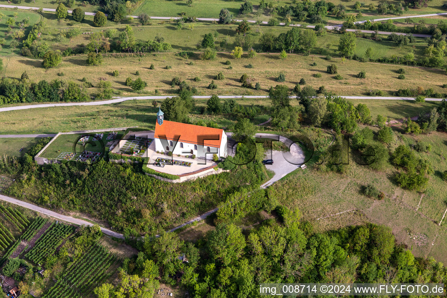 Wurmlinger Saint Remigius Chapel in the district Wurmlingen in Rottenburg am Neckar in the state Baden-Wuerttemberg, Germany from above