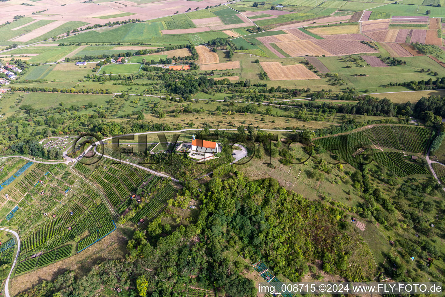 Aerial view of Barn building on the edge of agricultural fields and farmland in Wurmlingen in the state Baden-Wuerttemberg, Germany