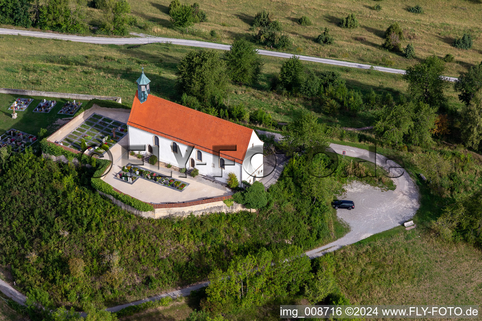 Aerial photograpy of Chapel Wurmlinger Chapel - St. Remigius Chapel in the district Wurmlingen in Rottenburg am Neckar in the state Baden-Wuerttemberg, Germany