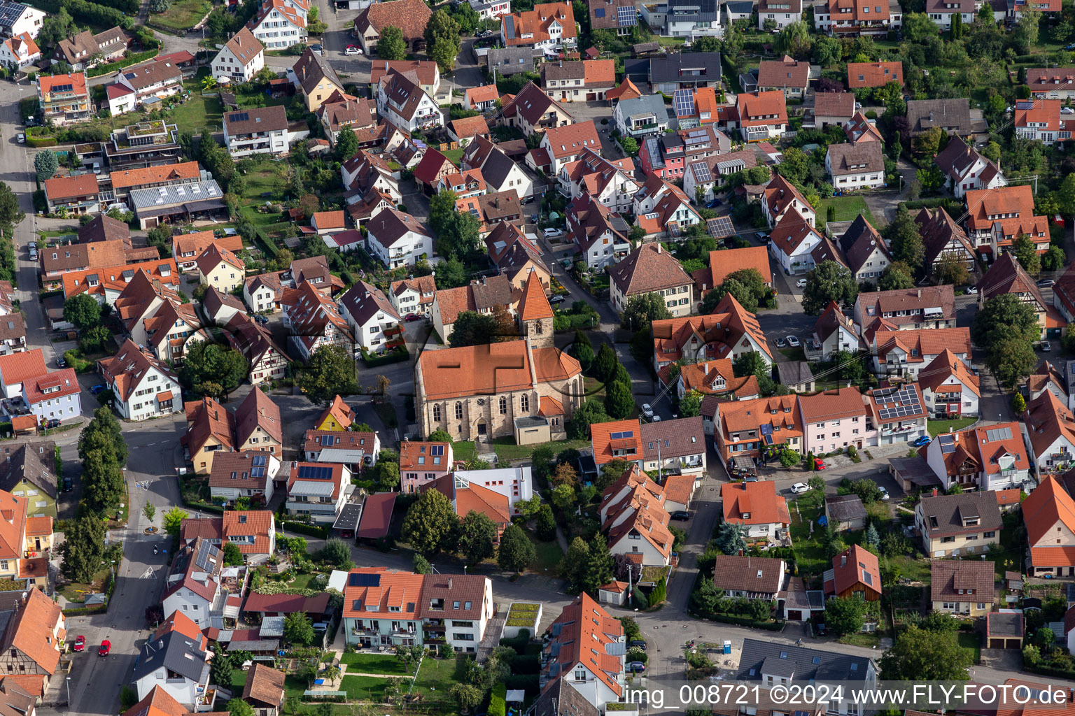 Aerial view of Church building " St. Aegidius " in Hirschau in the state Baden-Wuerttemberg, Germany