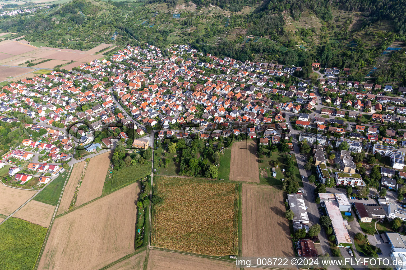 Aerial view of Village view on the edge of agricultural fields and land in Hirschau in the state Baden-Wuerttemberg, Germany