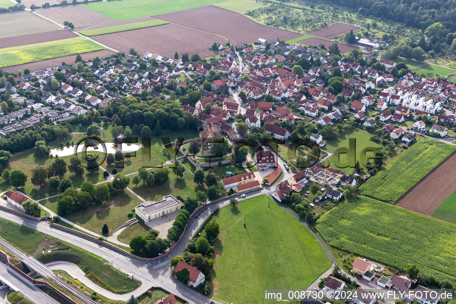 Aerial view of Town View of the streets and houses of the residential areas in Kilchberg in the state Baden-Wuerttemberg, Germany