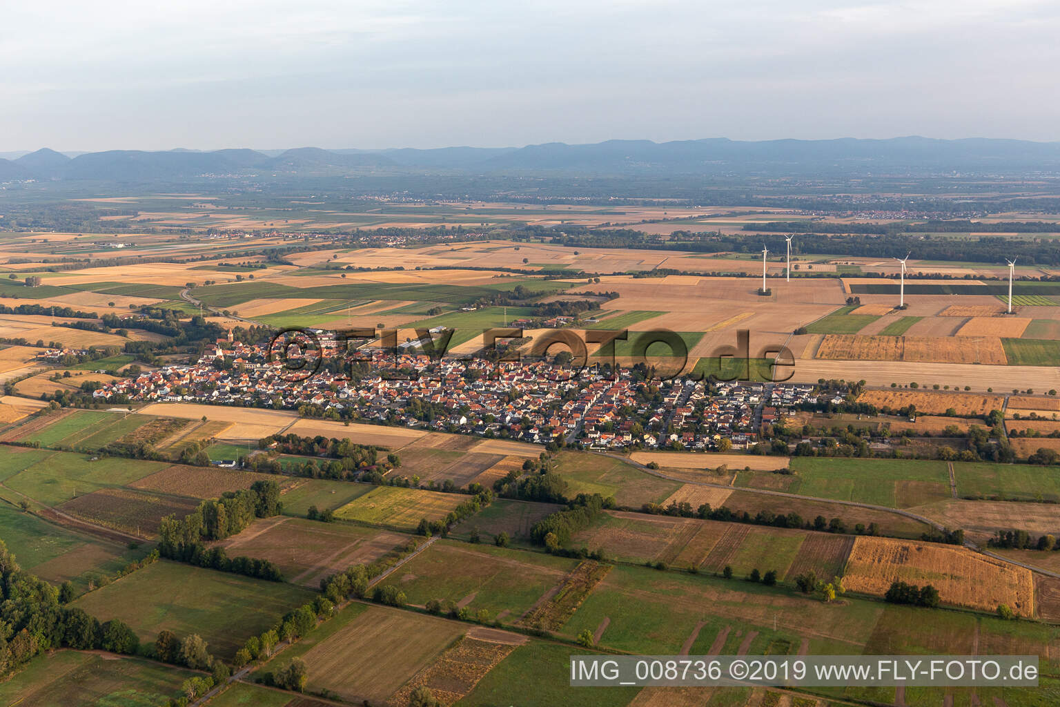 Aerial view of Minfeld in the state Rhineland-Palatinate, Germany