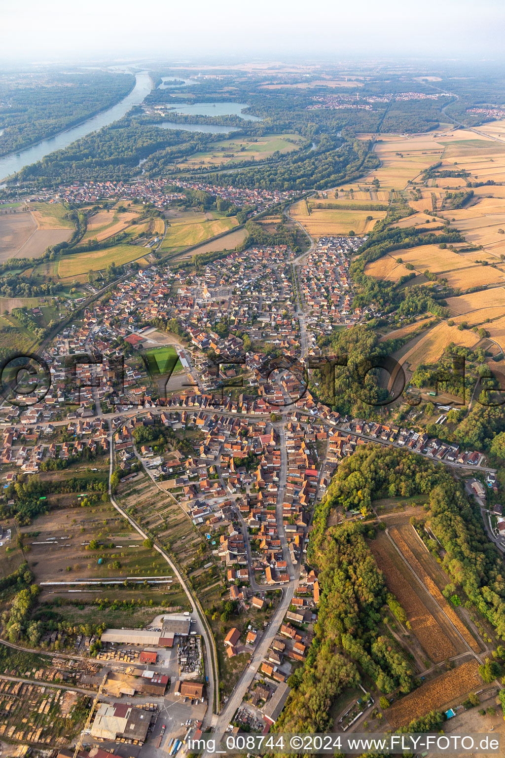 Village on the river bank areas of the Rhine river in Mothern in Grand Est, France