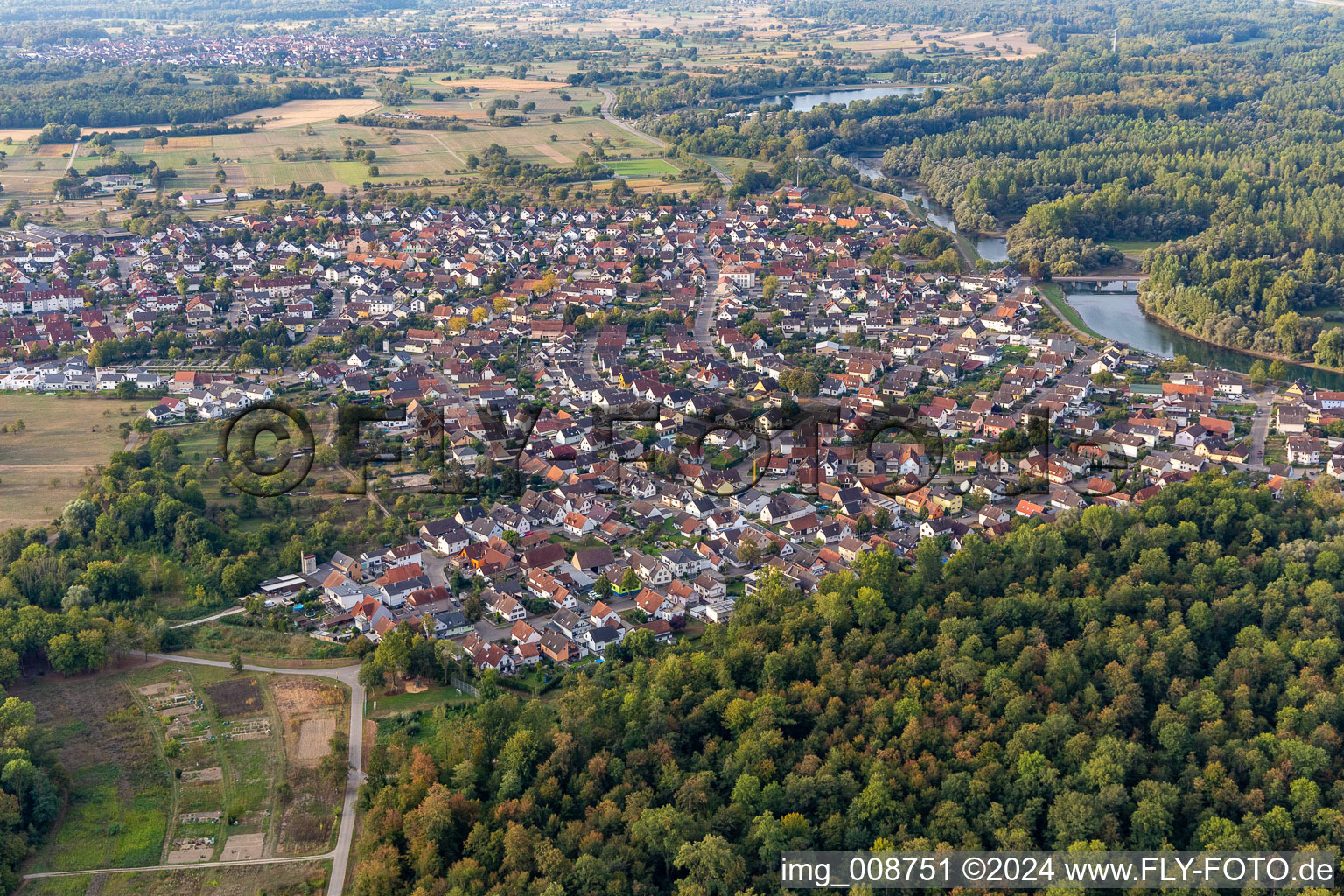 Aerial view of Village on the banks of the area Altrhein - river course in Plittersdorf in the state Baden-Wuerttemberg, Germany