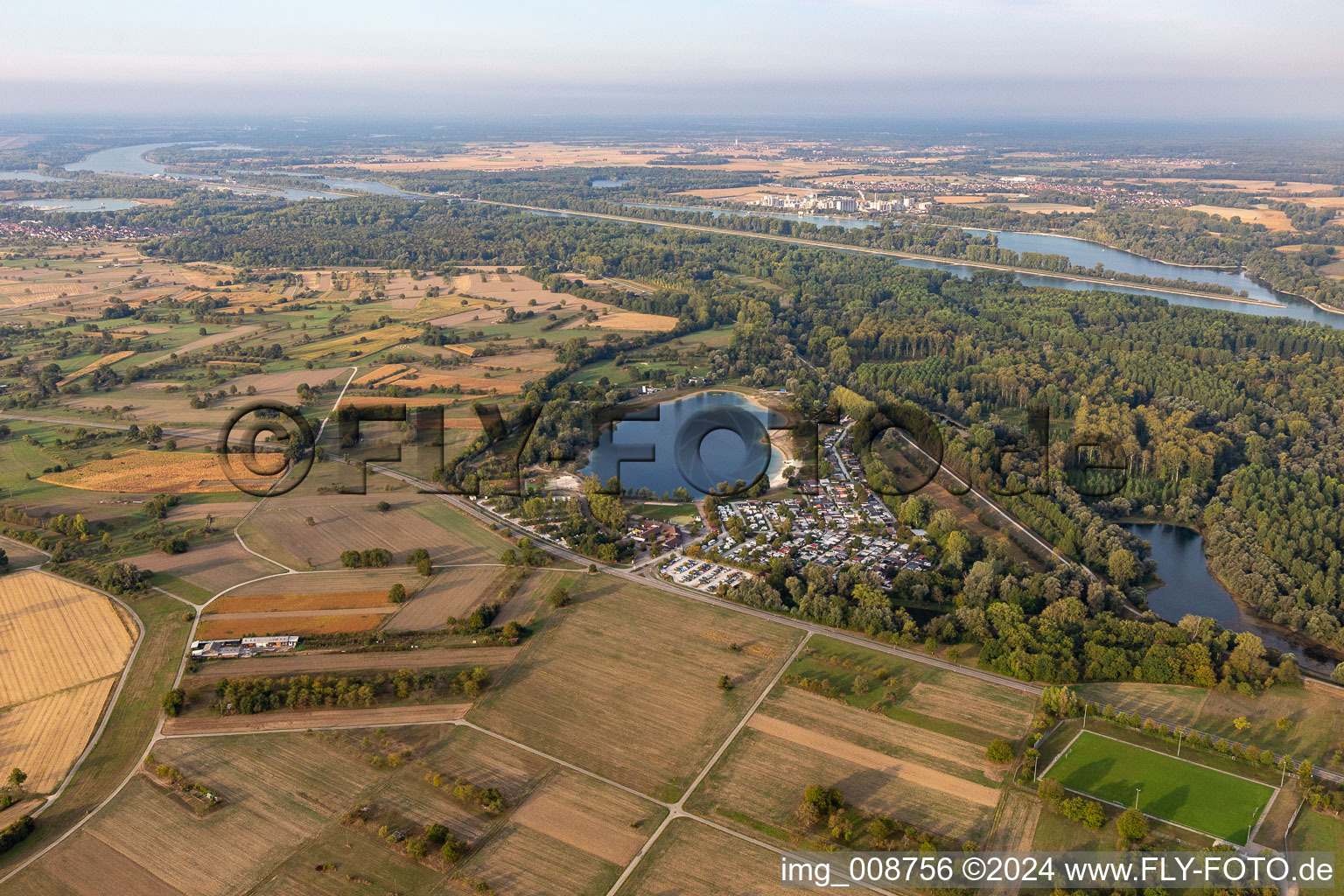 Aerial view of Camping with caravans and tents in Plittersdorf in the state Baden-Wuerttemberg, Germany