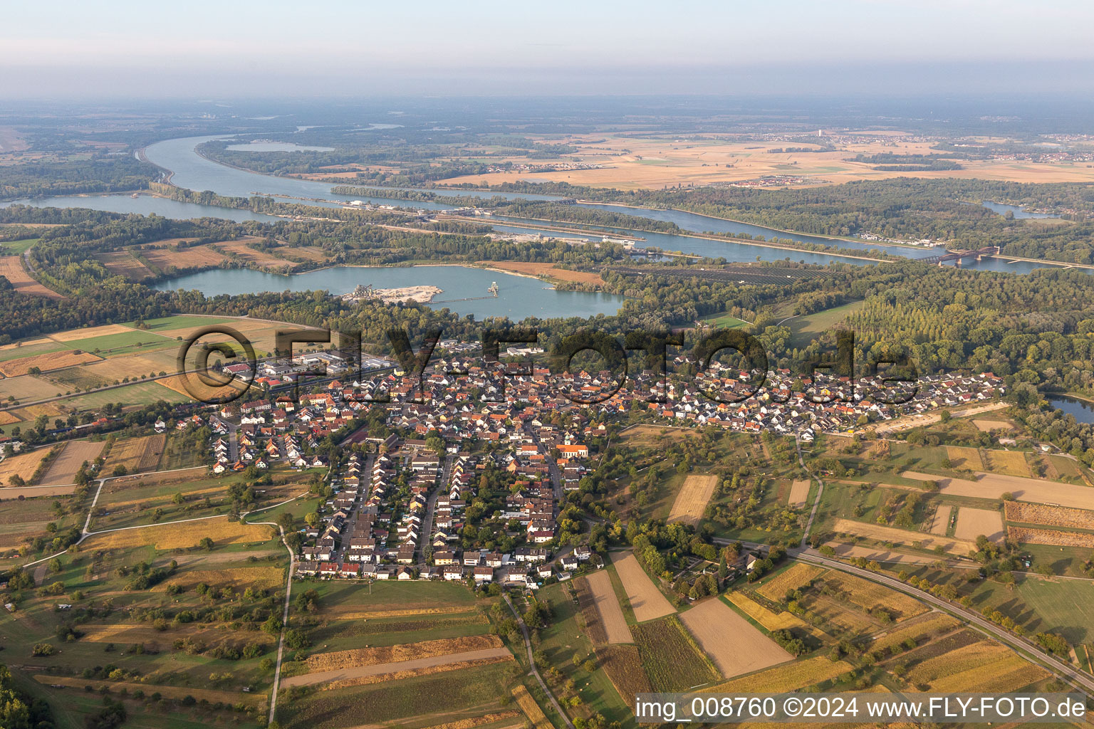 Village on the river bank areas of the Rhine river in Wintersdorf in the state Baden-Wuerttemberg, Germany