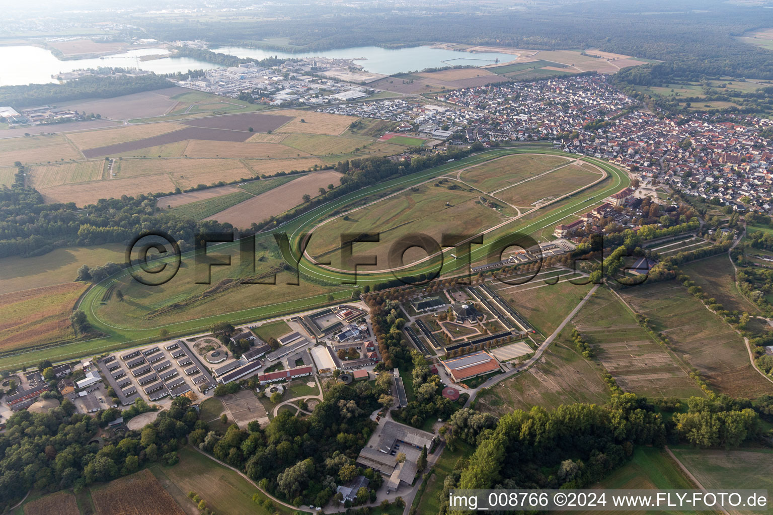 Aerial view of Racetrack racecourse - trotting Rennbahn Iffezheim in Iffezheim in the state Baden-Wuerttemberg, Germany
