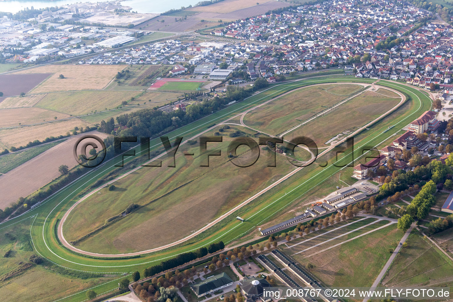 Aerial photograpy of Racetrack racecourse - trotting Rennbahn Iffezheim in Iffezheim in the state Baden-Wuerttemberg, Germany