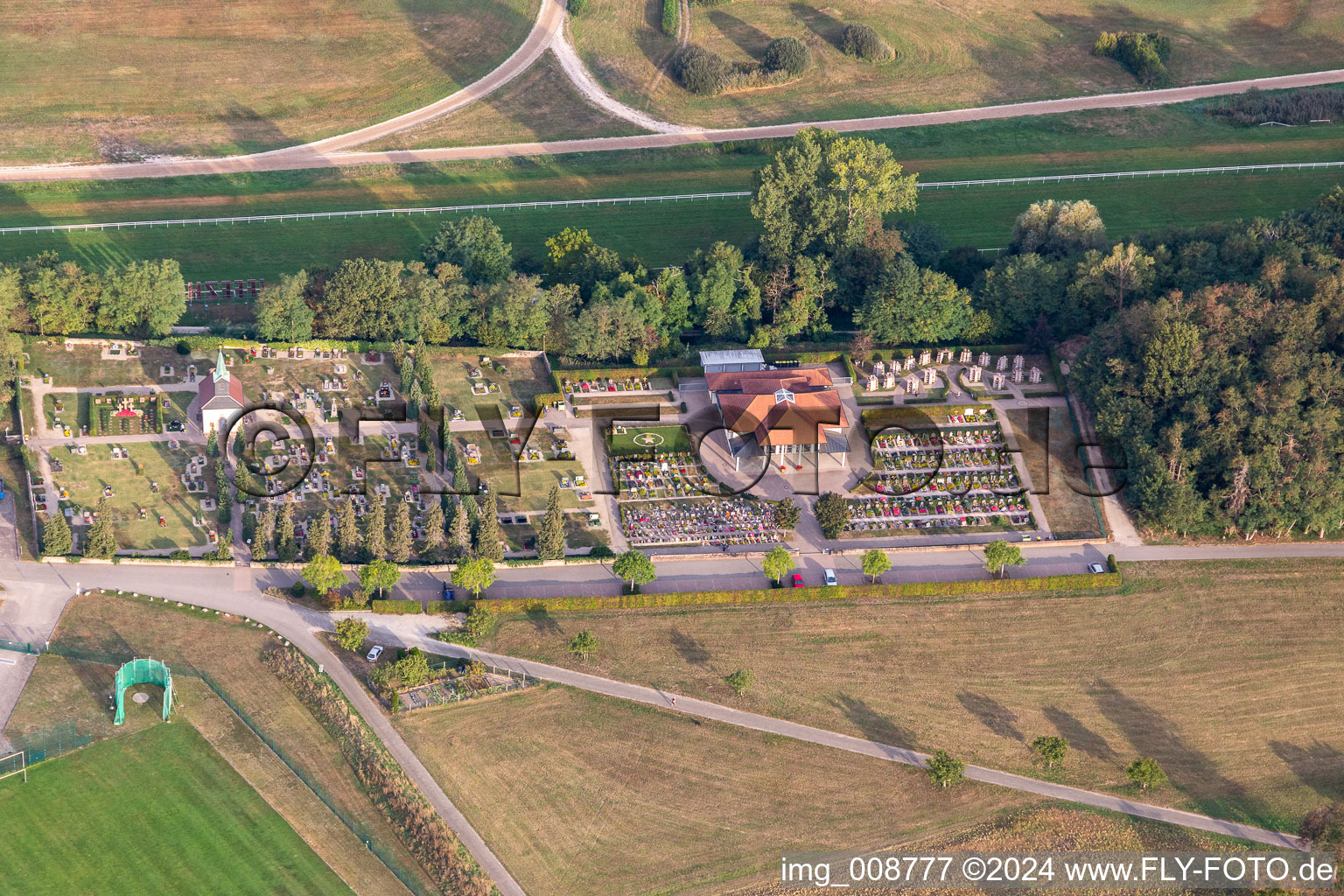 Aerial view of Cemetery in Iffezheim in the state Baden-Wuerttemberg, Germany