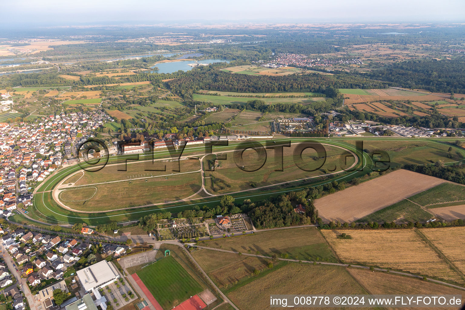 Oblique view of Racetrack racecourse - trotting Rennbahn Iffezheim in Iffezheim in the state Baden-Wuerttemberg, Germany