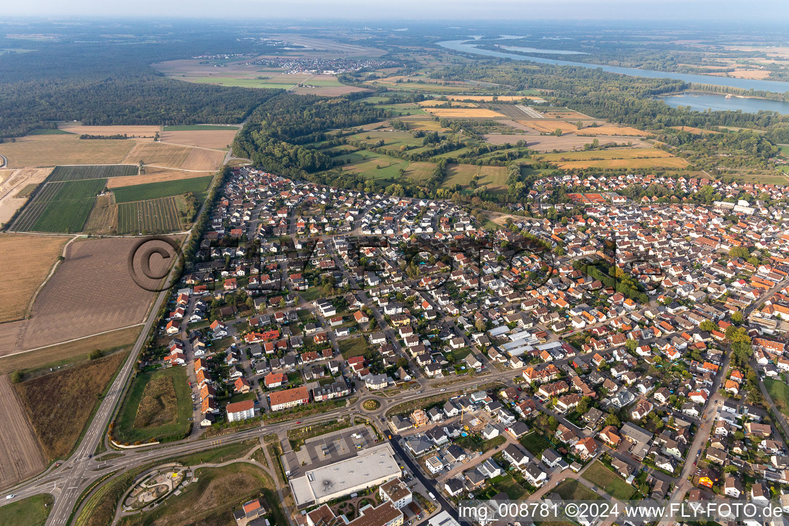 Village on the banks of the area Rhine - river course in Iffezheim in the state Baden-Wuerttemberg, Germany