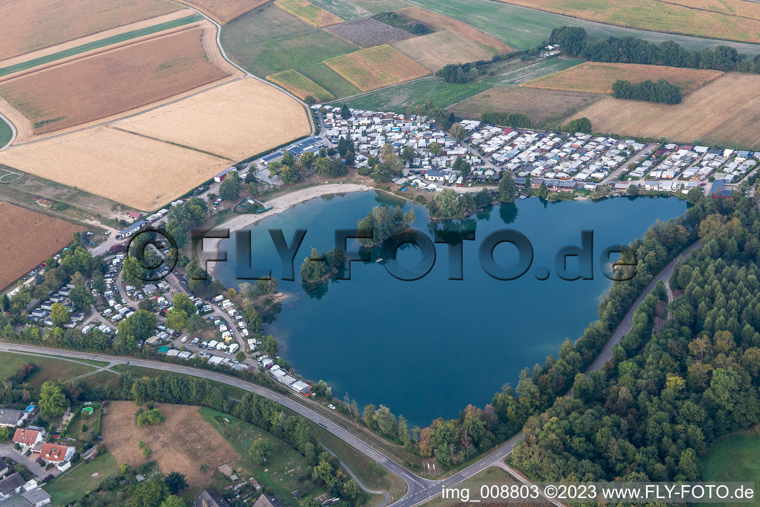 Aerial view of Camping with caravans and tents in the district Oberbruch in Buehl in the state Baden-Wuerttemberg, Germany