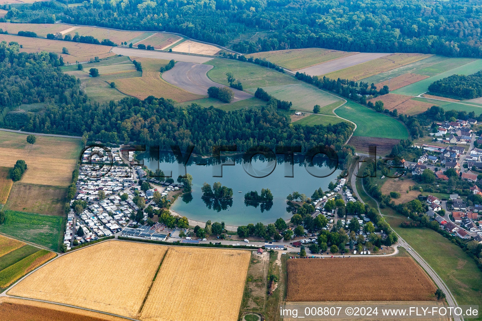 Aerial photograpy of Camping with caravans and tents in the district Oberbruch in Buehl in the state Baden-Wuerttemberg, Germany