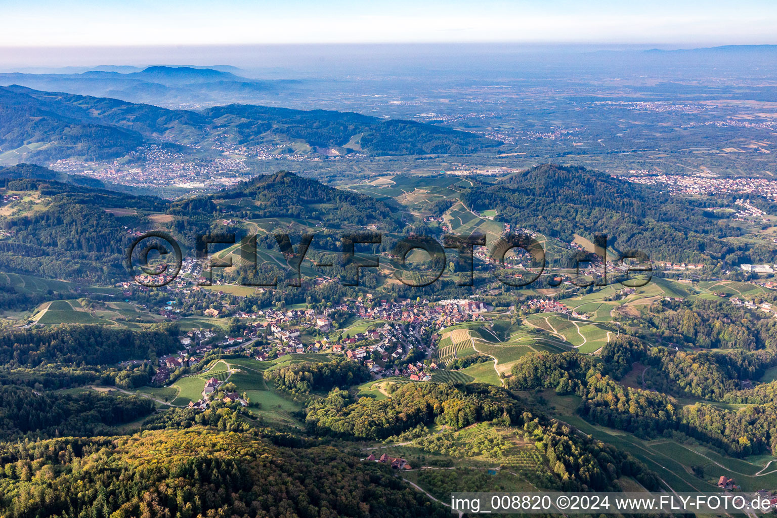 View on the edge of vineyards and wine estates in the district Büchelbach in Sasbachwalden in the state Baden-Wuerttemberg, Germany