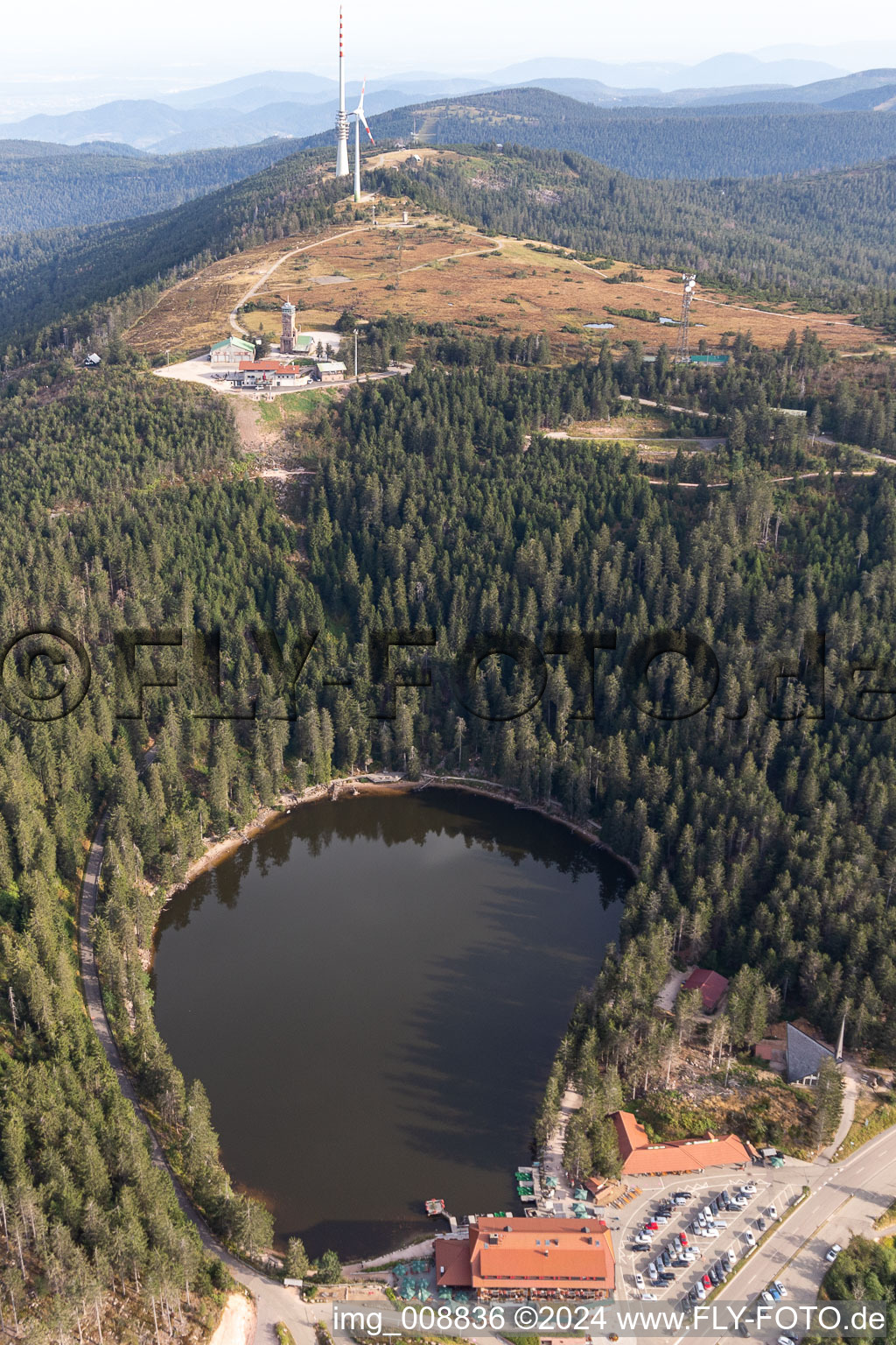 Rocky and mountainous landscape Hornisgrinde over Mummelsee in Seebach in the state Baden-Wurttemberg, Germany