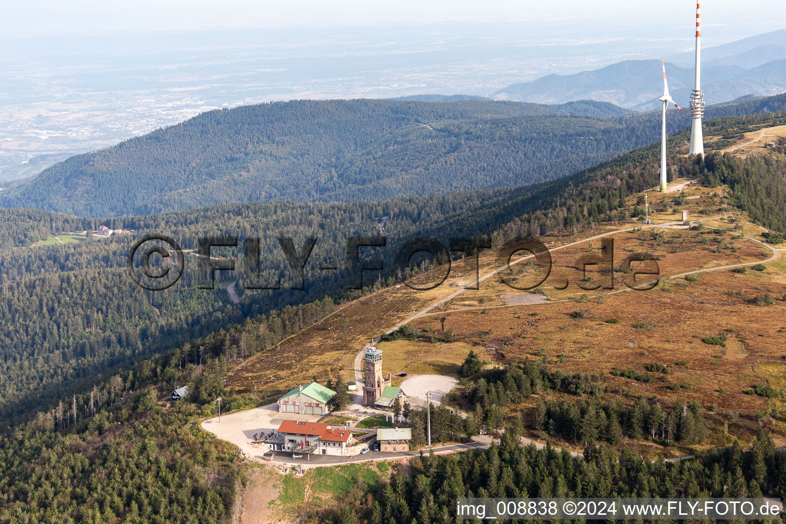 Aerial view of Hornisgrinde, highest mountain in the northern Black Forest with SWR transmitter, Bismarck Tower and Hornisgrinde Tower in Seebach in the state Baden-Wuerttemberg, Germany