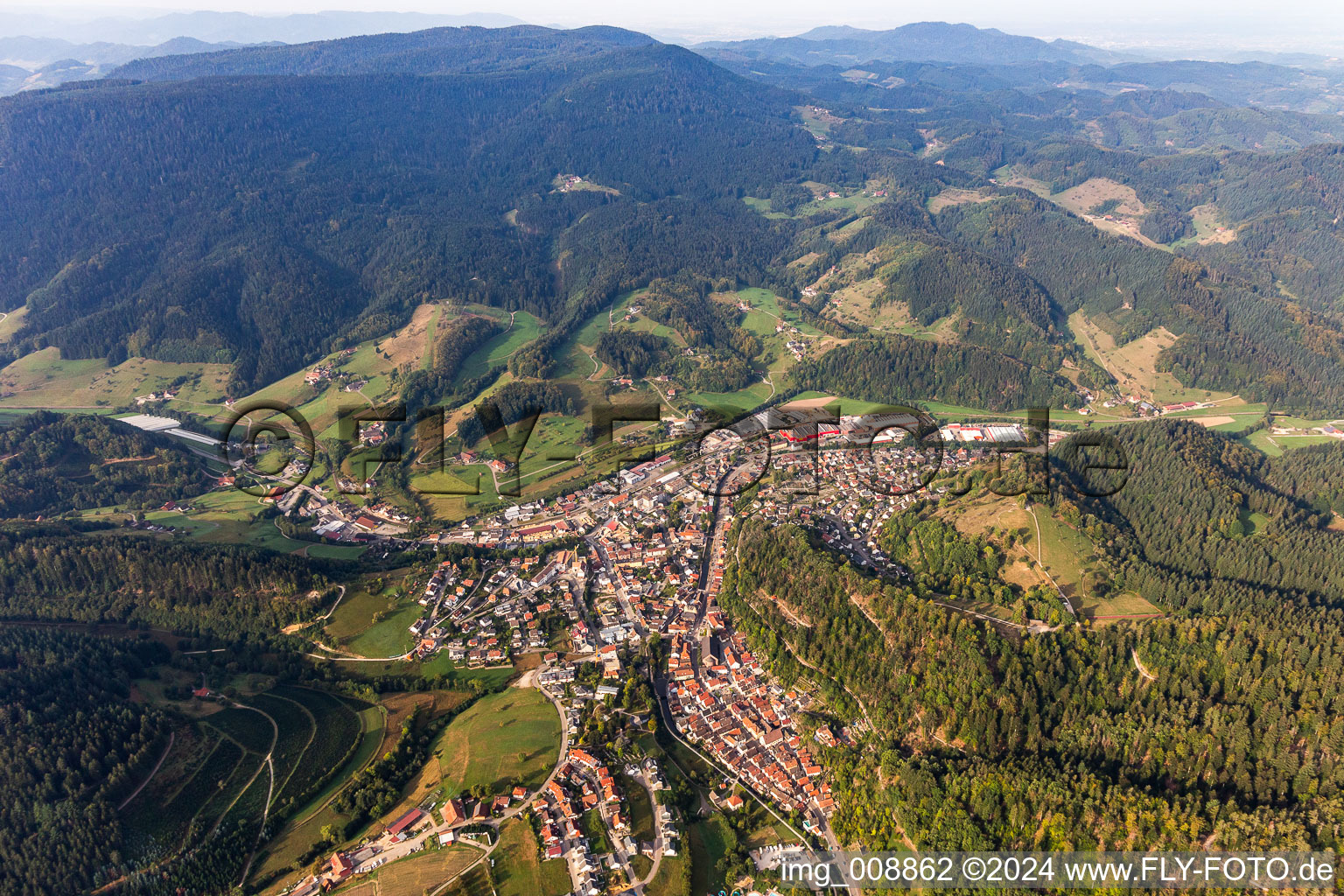 Town View of the streets and houses of the residential areas in Oppenau in the state Baden-Wurttemberg, Germany