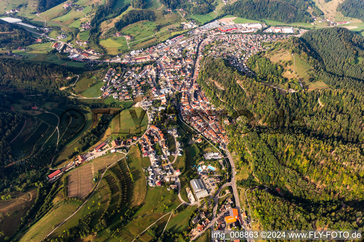 Aerial view of Town View of the streets and houses of the residential areas in Oppenau in the state Baden-Wurttemberg, Germany