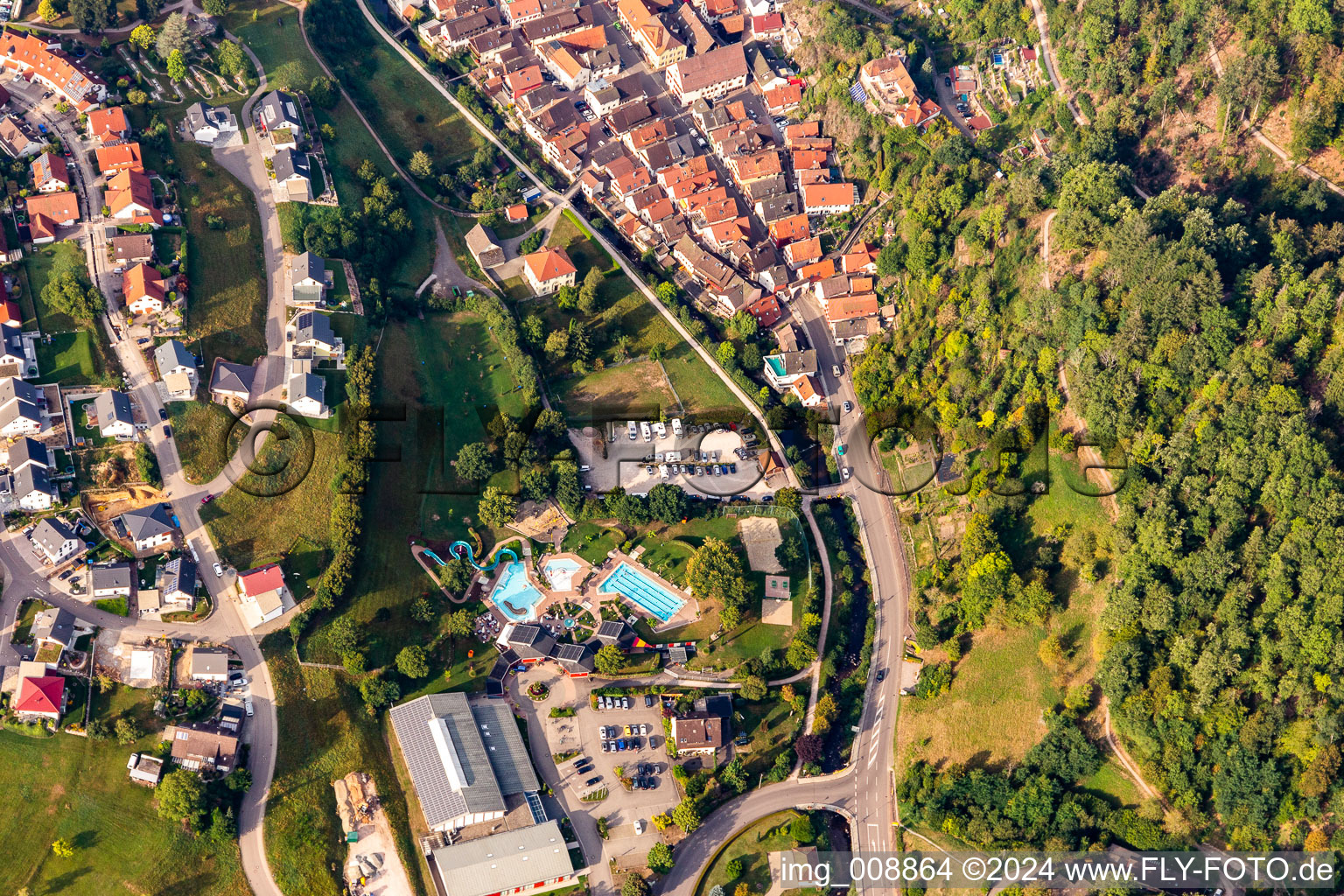 Motorhome parking space at the outdoor pool in Oppenau in the state Baden-Wuerttemberg, Germany