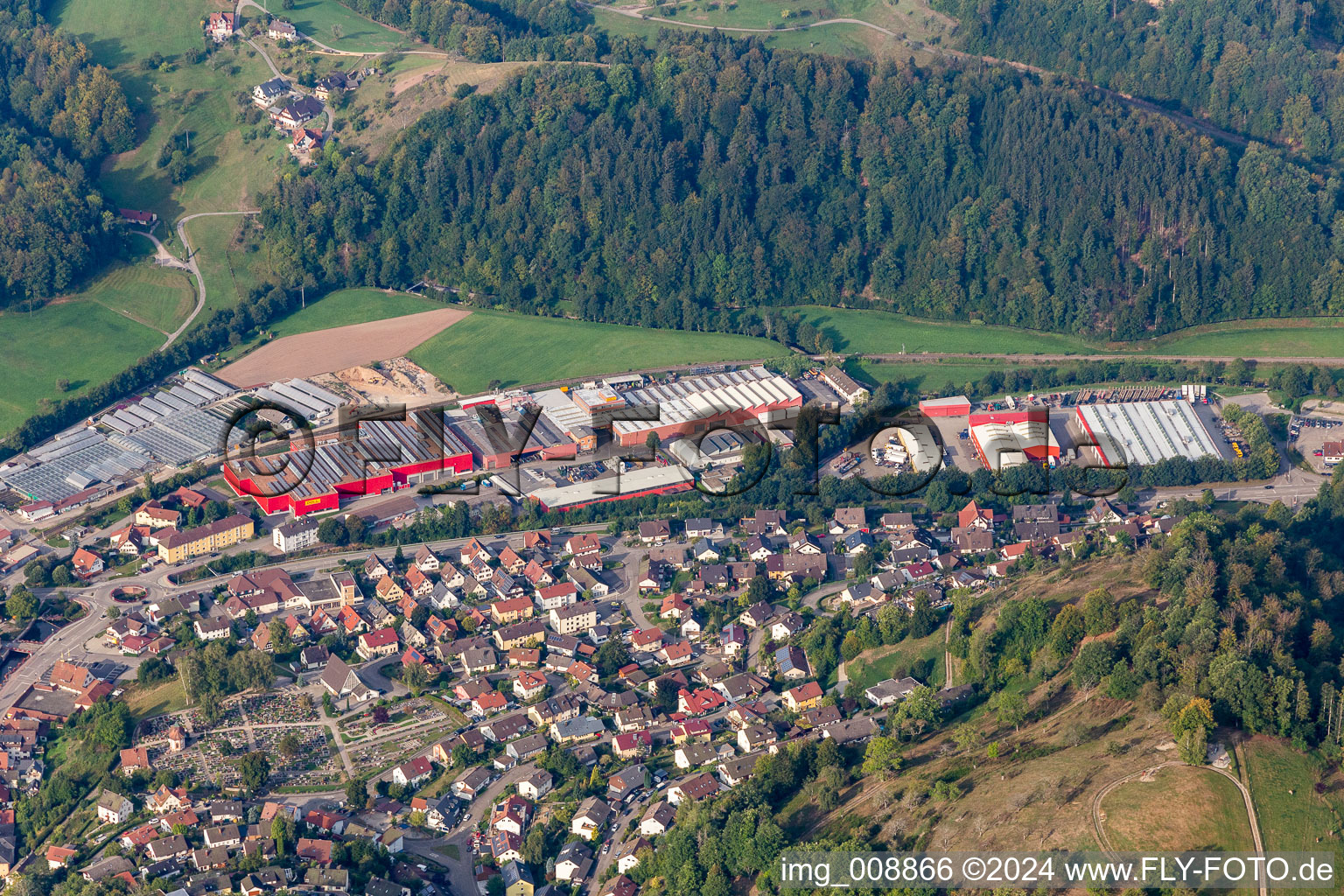 Buildings and production halls on the vehicle construction site of DOLL Fahrzeugbau GmbH in Oppenau in the state Baden-Wuerttemberg, Germany