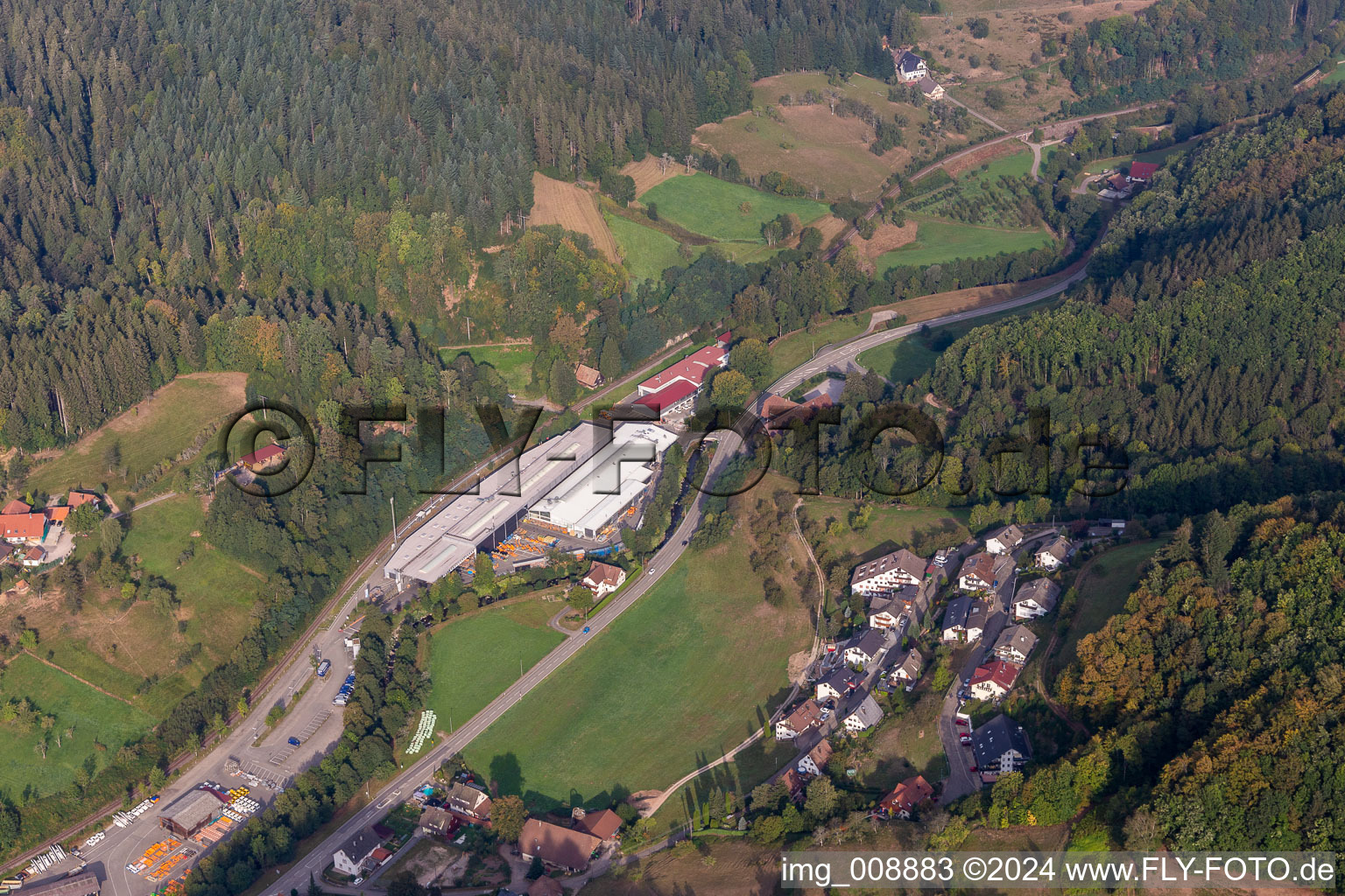 Aerial view of Mulag Fahrzeugwerk Heinz Wössner GmbH in Oppenau in the state Baden-Wuerttemberg, Germany