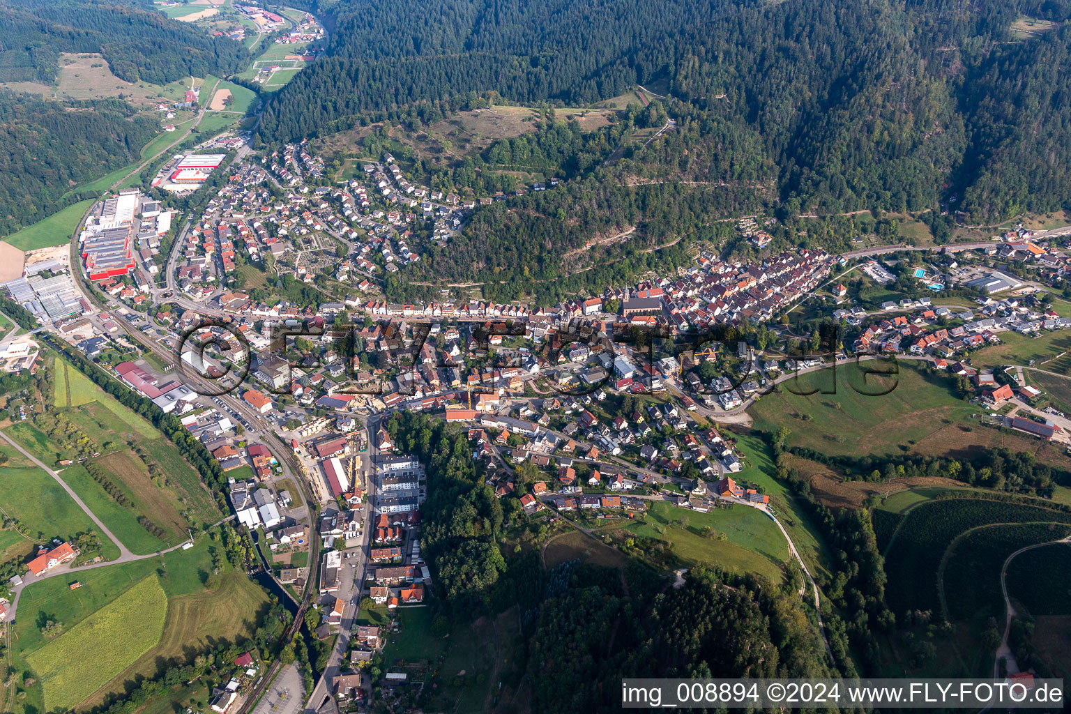 Aerial photograpy of Town View of the streets and houses of the residential areas in Oppenau in the state Baden-Wurttemberg, Germany