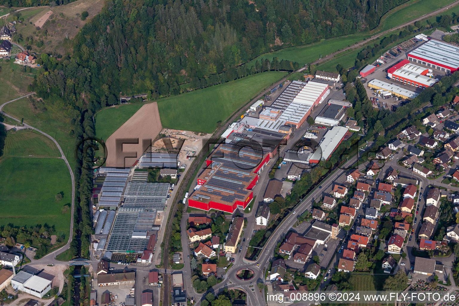 Aerial view of DOLL vehicle construction in Oppenau in the state Baden-Wuerttemberg, Germany