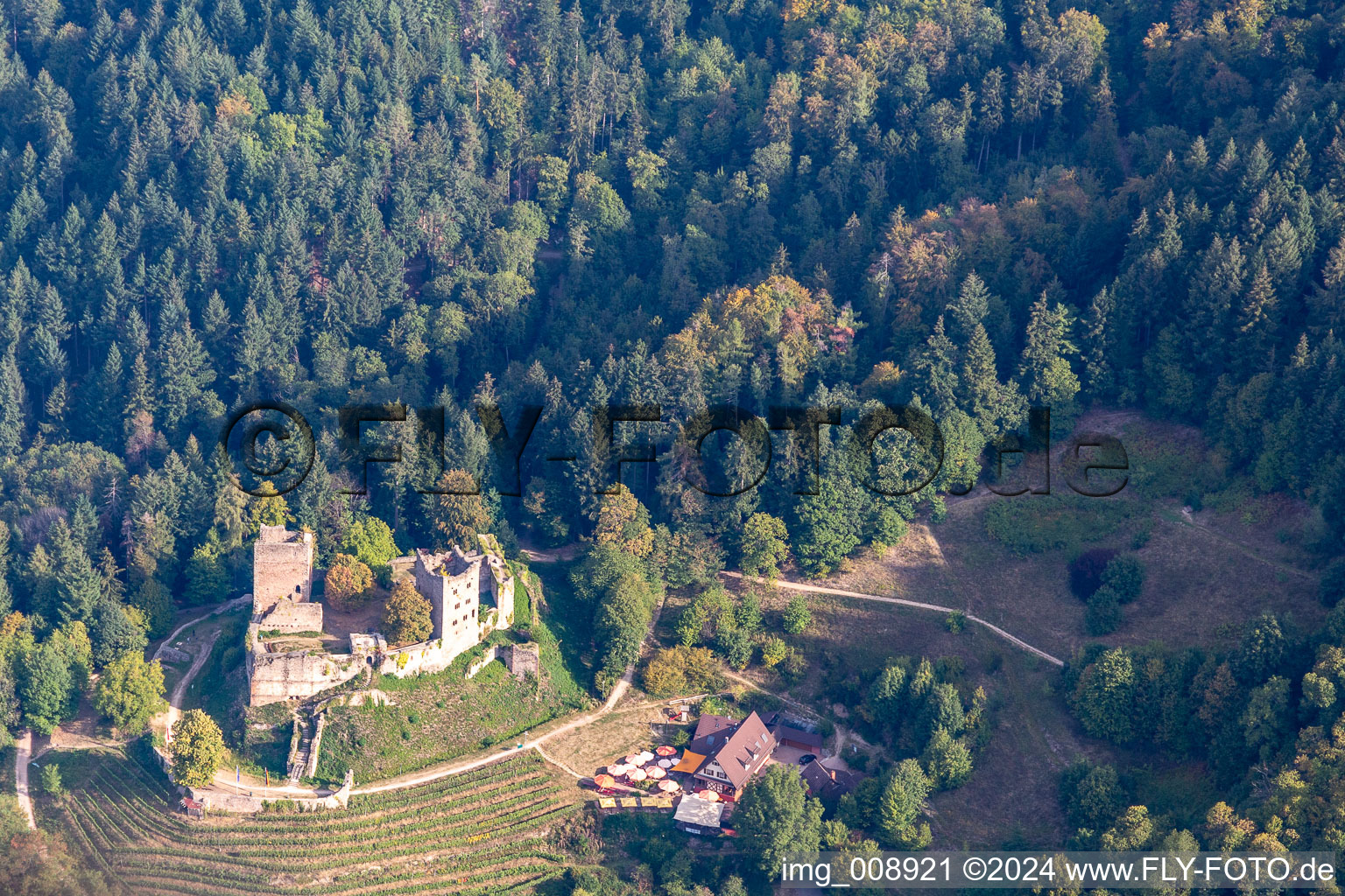 Aerial view of Schauenburg ruins in Oberkirch in the state Baden-Wuerttemberg, Germany