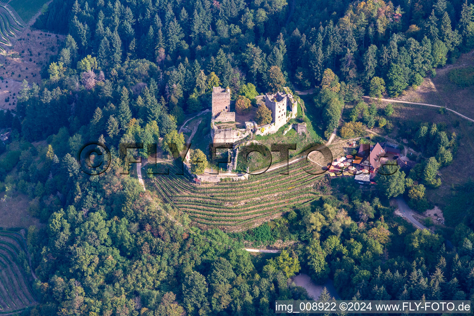 Aerial view of Ruins and vestiges of the former fortress Schauenburg in Oberkirch in the state Baden-Wurttemberg, Germany