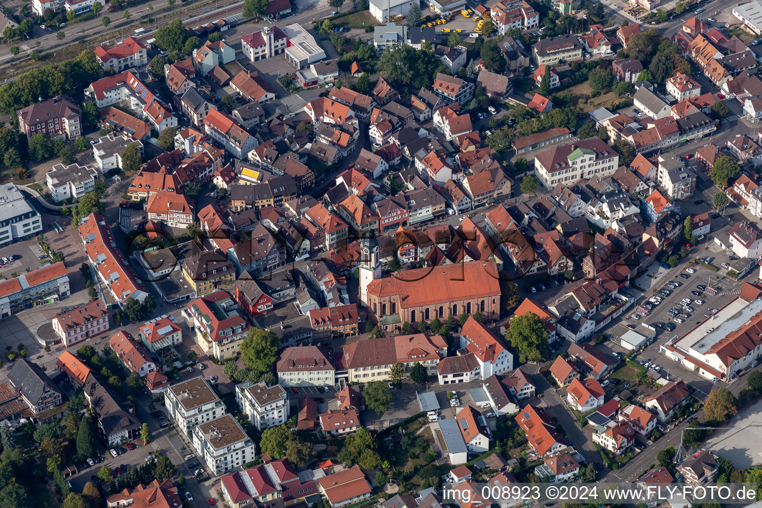 Church building of the catholic Church St. Cyriak in Old Town- center of downtown in Oberkirch in the state Baden-Wuerttemberg, Germany