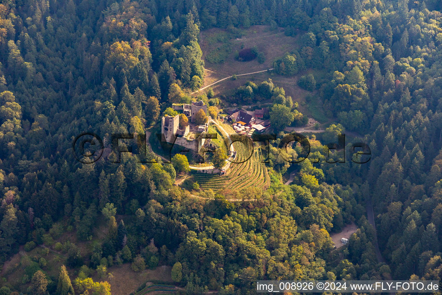 Aerial view of Schauenburg ruins and castle inn in Oberkirch in the state Baden-Wuerttemberg, Germany