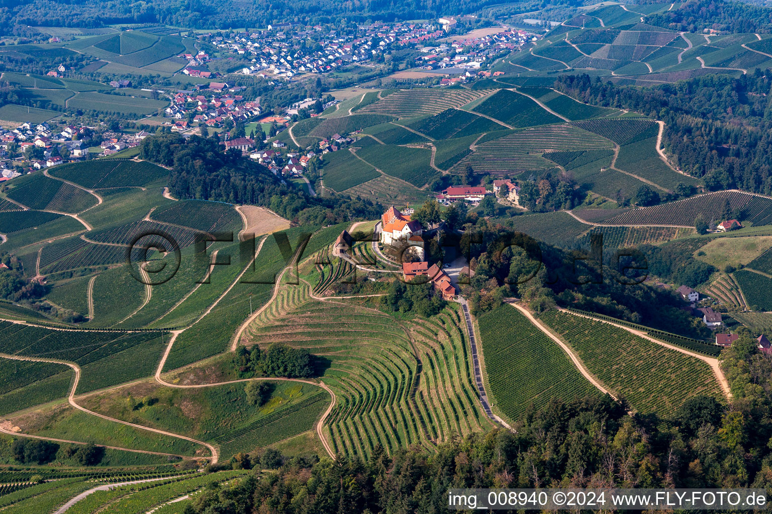 Aerial view of Castle winery and restaurant Schloss Staufenberg in Durbach in the state Baden-Wuerttemberg, Germany