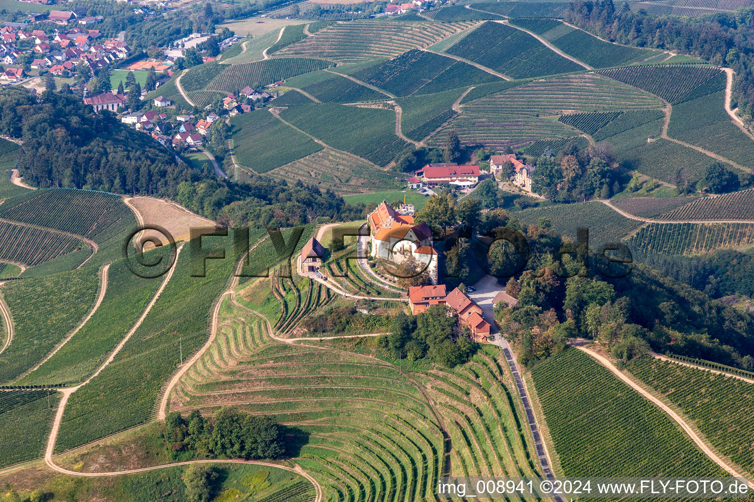 Aerial photograpy of Castle winery and restaurant Schloss Staufenberg in Durbach in the state Baden-Wuerttemberg, Germany