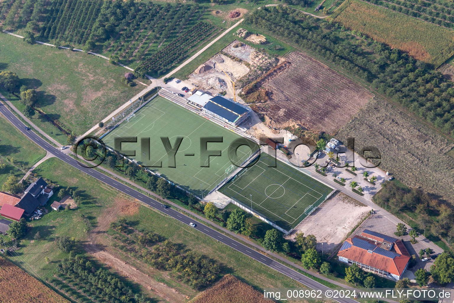 Hall at Durbach and sports fields in the district Ebersweier in Durbach in the state Baden-Wuerttemberg, Germany