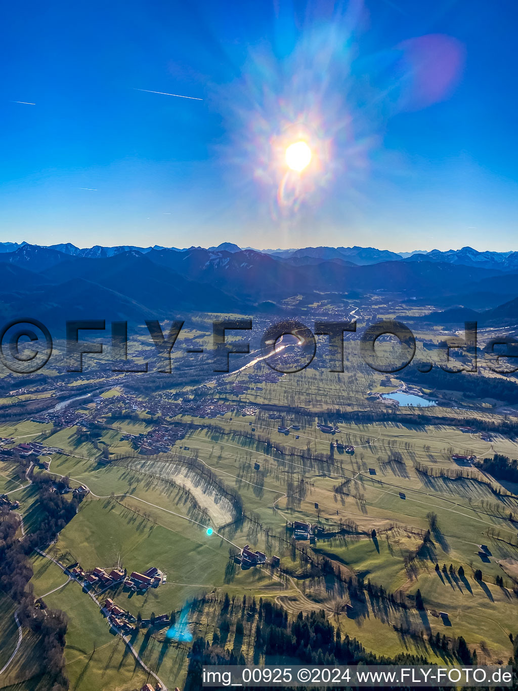 Sunrise over the Isar Valley in the district Schlegldorf in Lenggries in the state Bavaria, Germany