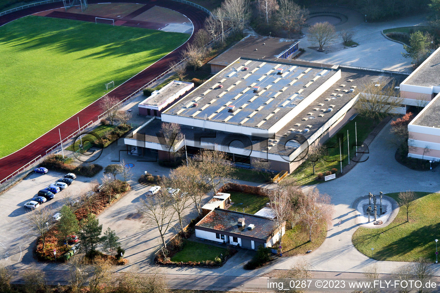 Aerial view of Roman bath school in Rheinzabern in the state Rhineland-Palatinate, Germany