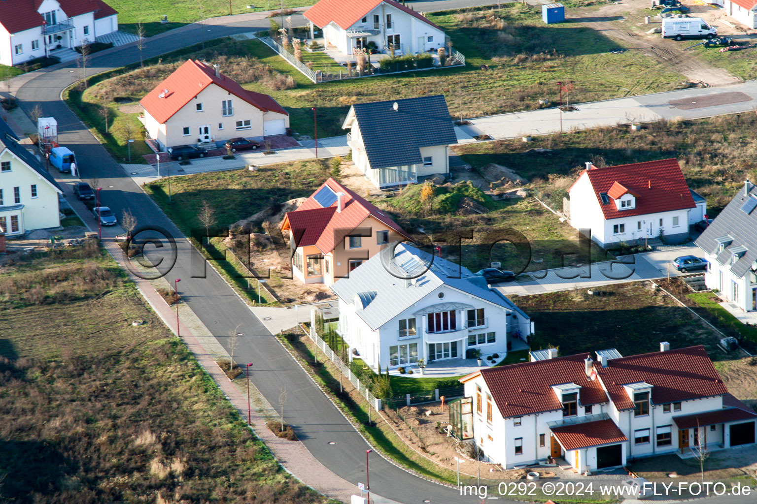 New development area at the Tongruben in Rheinzabern in the state Rhineland-Palatinate, Germany from the drone perspective