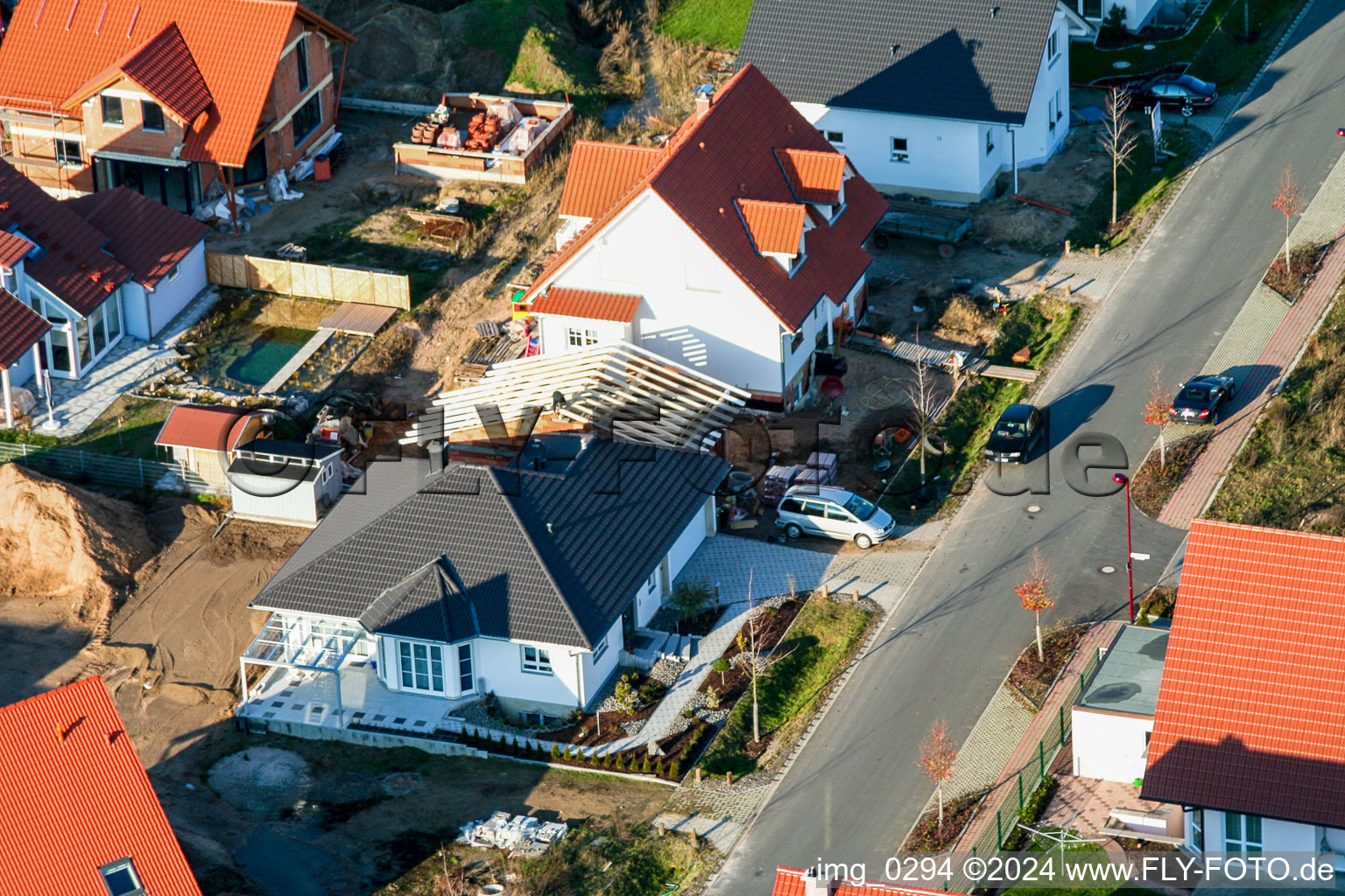 New development area An den Tongruben in Rheinzabern in the state Rhineland-Palatinate, Germany seen from a drone