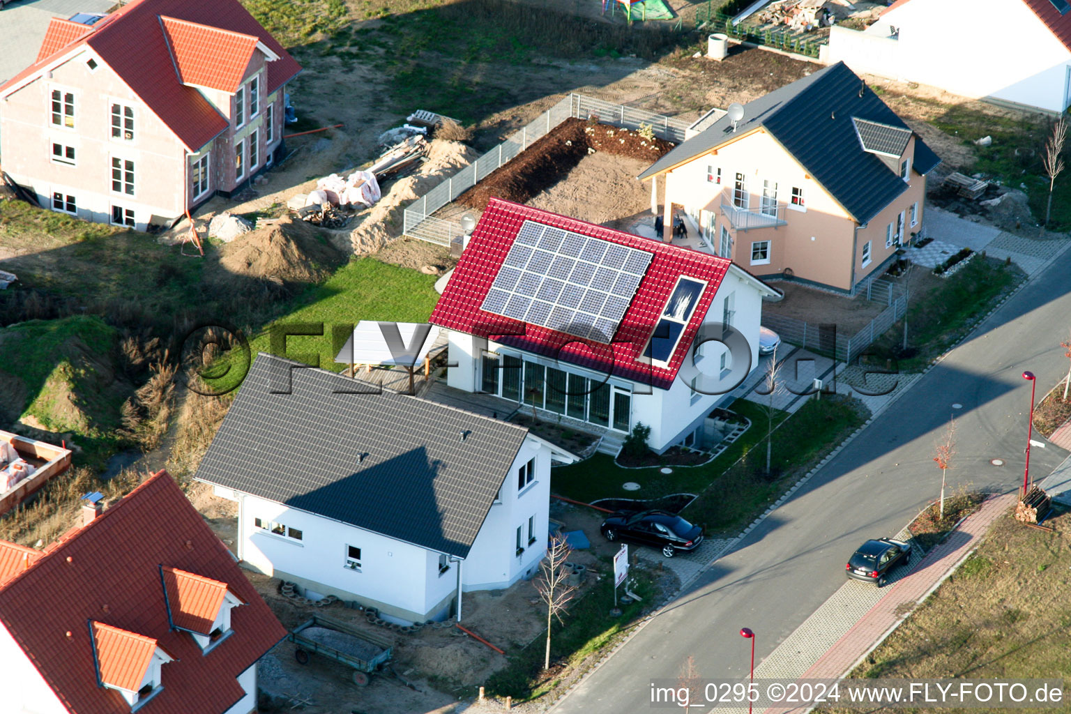 Aerial view of New development area at the Tongruben in Rheinzabern in the state Rhineland-Palatinate, Germany